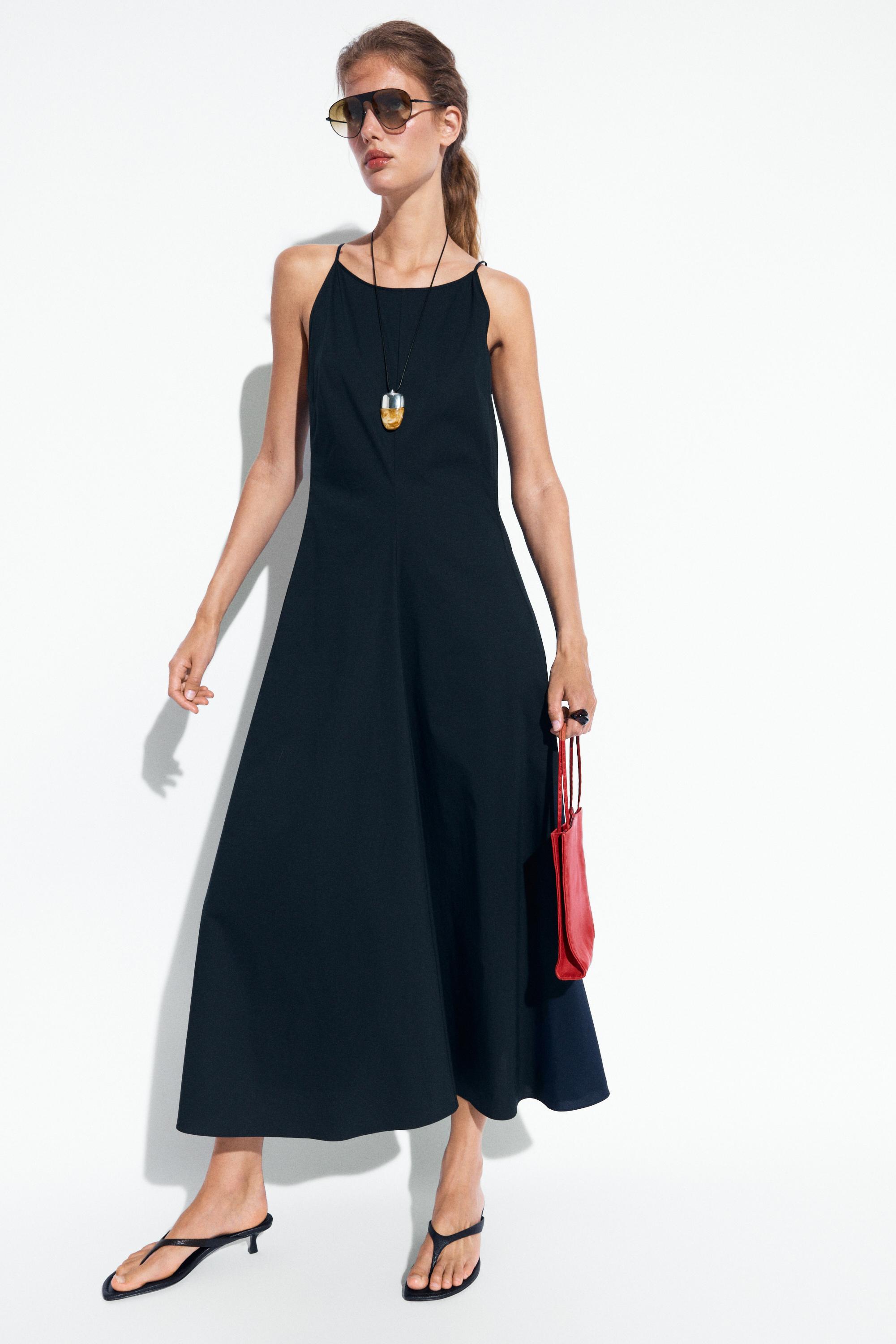 Cotton blend poplin spaghetti strap dress
